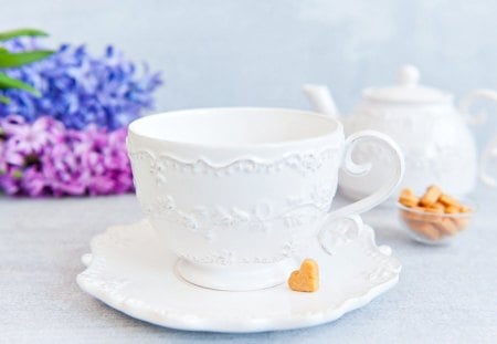 Tea Time - pretty, for you, heart, cup of tea, beautiful, photography, beauty, tea, lovely, with love, still life, tea time, flowers, nature, hyacinth, cup