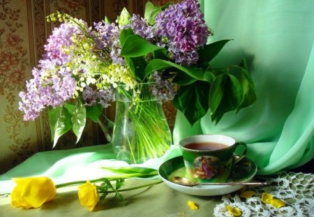 Blooming lilac and coffee - vase, porcelain, coffee, spring, petals, still life, blooming, flowers, tulips, green, arrangement, rose, liliac, floral, cup