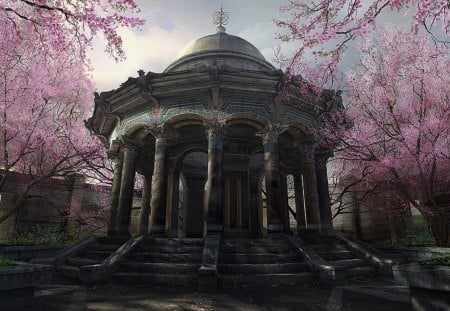 Spring - stone, sky, ancient, place, fantasy, spring, view, pavilion, pink, blossom, tree, flower