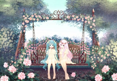 Hatsune Miku and Megurine Luka - anime, vocaloid, girl, hatsune miku, flower, pink, manga, nature, green, garden, megurine luka, butterfly, rose