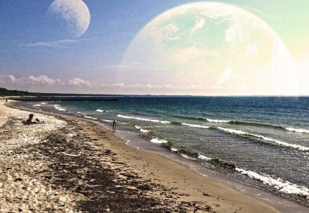 Interstellar vacation - moon, water, summer, beach, bath, sea, comfortable, shore, nature, sky