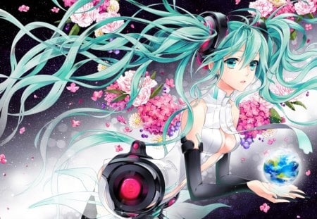 Hatsune Miku - hatsune miku, roses, black, spring, peonies, white, pink, vocaloid, blue, anime, planet, flower, manga, earth