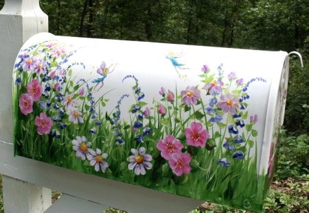 Flower mailbox - white, flower, mailbox, wood