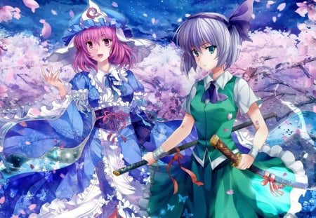 Spring night - sword, flower, pink, spring, blossom, sakura, anime, girl, night, dress, blue, manga, white, cherry, green