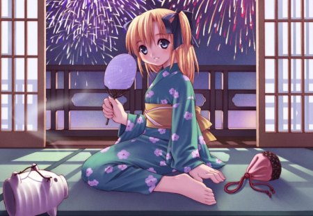 Happy New Spring! - money, anime, blue, girl, fan, spring, kimono, pink, year, manga, fireworks, new