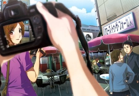 Captured Beauty - pretty, anime, people, female, town, maiden, stall, umbrella, nice, sky, shop, house, anime girl, camera, beautiful, hot, girl, table, city, beauty, lovely, sweet, chair, lady, cloud, cute, sexy, building