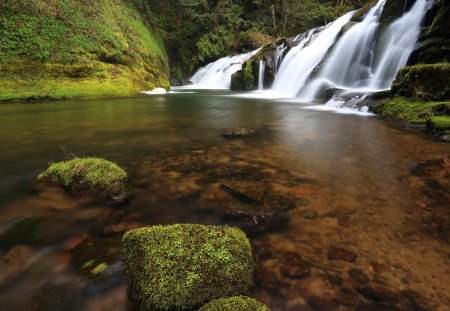 East Fork Falls, Coquille River, Oregon - grass, waterfall, rocks, river