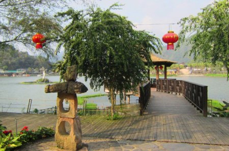 Lakeside trail - pavilion, lanterns, trail, tree, lakeside