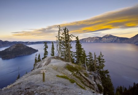 dangerous cliff over beautiful lake - clouds, trees, lkae, cliff, island