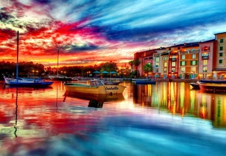 ISABELLA - boats, river, city, sunset, lights