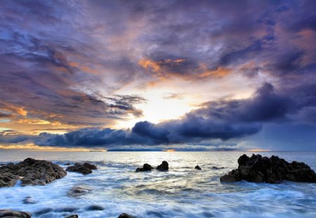 beautiful cloudy skies over sea - horizon, sky, clouds, sea, rocks