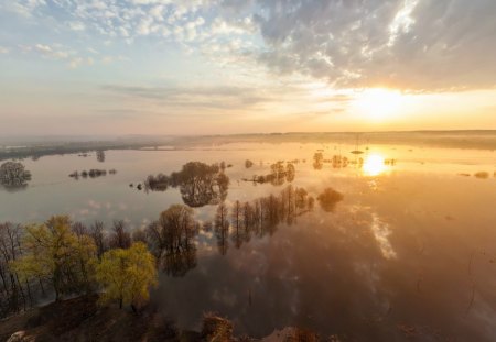 sunset on flooded landscape - clouds, trees, sunset, flood, electric poles