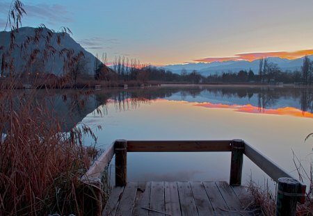 wonderful reflection on a still lake - piers, sunset, lake, mountains, reflection