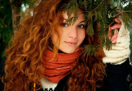 beautiful winter girl - girl, face, red, beautiful