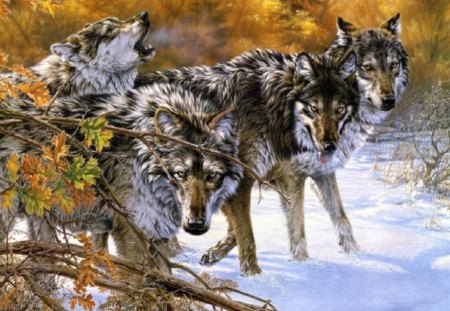 Wolf Pack - abstract, animals, painting, wolves