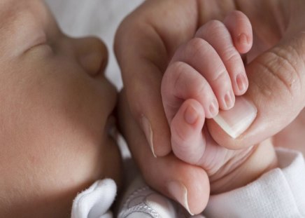 newborn baby kiss his mother hand.