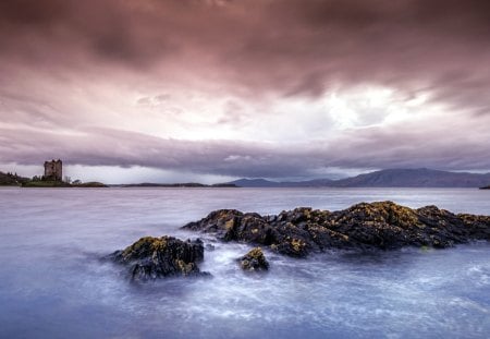 ancient ruins on a beautiful coast - clouds, coast, rocks, bay, ruins