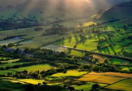 amazing sunshine on farms in the valley - fields, valley, green, farms, sun rays