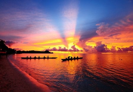 heavenly sunset in polynesia - beach, boats, sunset, raus, sea