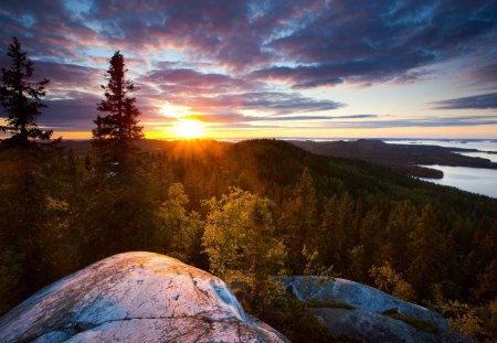 sunset over vast forest - lake, forest, rocks, clouds, sunset