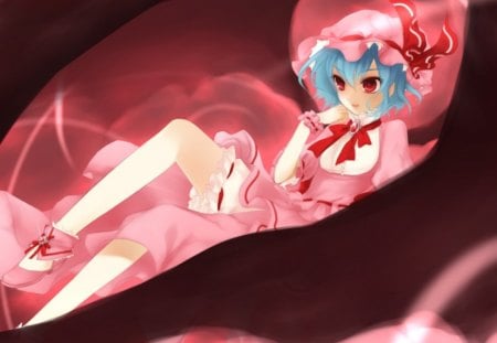 Remilia Scarlet - anime, magic, female, dress, light, short hair, touhou, red, blue hair, hat, anime girl, hot, girl, cap, sweet, red eyes, glow, cute, remilia scarlet, sexy