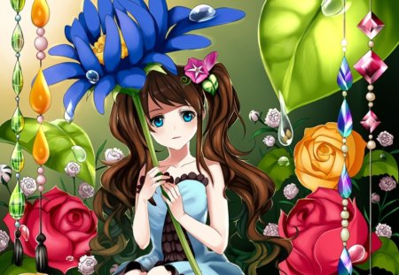 Thumbelina - roses, anime, kawaii, female, blossom, dress, mini, long hair, petal, blue eyes, anime girl, twintails, girl, small, sundress, brown hair, flower, rose, cute, floral