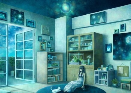 All Alone - anime, shelf, female, dress, clock, long hair, door, animal, kitten, ceiling, living room, house, anime girl, frame, hot, girl, sundress, aquarium, cat, picture, cute, sexy, building, wall, kitty