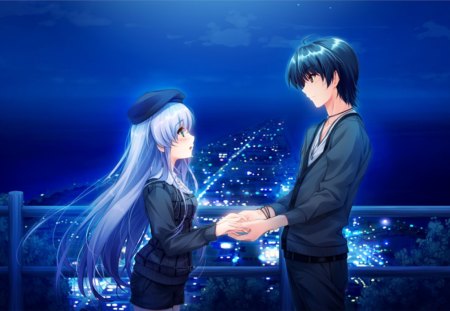 Blue Romance  - star, anime, female, town, blue, romantic, guy, romance, night, light, long hair, boy, male, short hair, sparks, nice, sky, anime girl, hot, girl, city, lovely, love, sweet, glow, handsome, cute, lover, sexy, couple