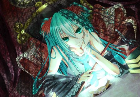 Under Lace - female, hot, anime girl, sparks, lace, anime, miku, cute, hatsune miku, sexy, girl, twintails, light, vocaloids, glow, hatsune, green eyes, vocaloid, green hair