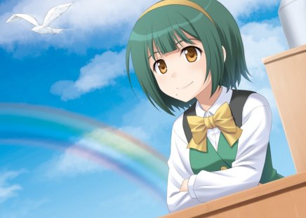 ~Otonashi Kotori~ - clouds, bird, Otonashi Kotori, idolmaster, anime, rainbow, girl, sky