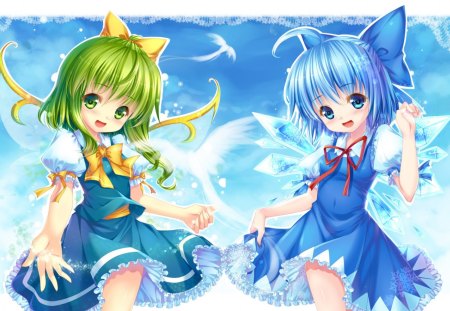 Cirno n Daiyousei - anime, kawaii, female, wing, dress, green eyes, green hair, long hair, short hair, touhou, blue hair, ribbon, blue eyes, anime girl, cirno, girl, daiyousei, fairy, cute