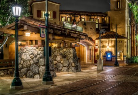 Disneyland, CA. - station, building, rails, light, night, road