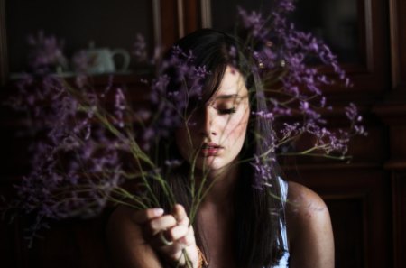 blonde face - white, purple, black, plant, girl