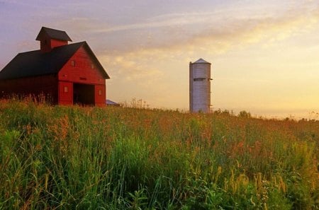 Farm 2 - sky, silo, field, barns