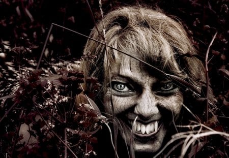 FEMALE WEREWOLF - Grass, Face, Teeth, art, Werewolf