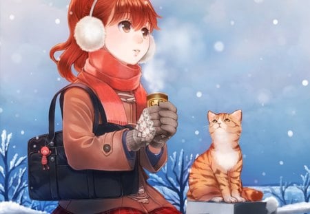 Snowny Day - anime, female, snow, bag, long hair, headphones, animal, kitten, freeze, hot choco, anime girl, winter, hot, girl, sweater, choco, cat, cold, cute, sexy, kitty