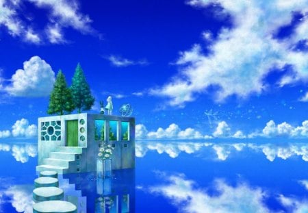 CloudScape - nice, beauty, sky, female, magic, water, animee girl, fantasy, white, view, pretty, cloud, reflection, anime, house, tree, scene, building, scenic, landscape, girl, lovely, stair, blue, beautiful, staircase, scenery, sweet