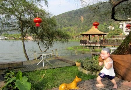 Lakeside trail - trail, Lakeside, lanterns, pavilion, tree