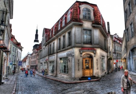 beautiful side streets in the old part of town hdr - cobblestones, shops, people, city, streets, hdr