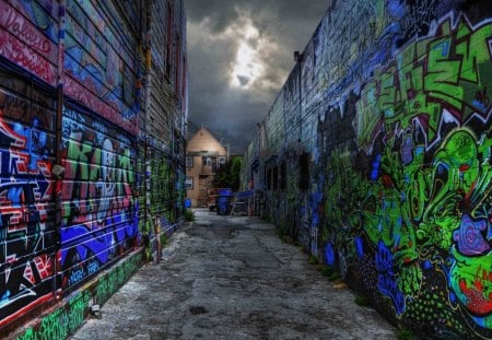 graffiti all over back alley hdr - evening, clouds, alley, graffiti, hdr