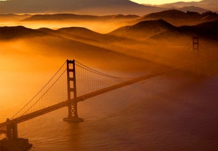 Misty crossing - misty, golden, colored, bridge