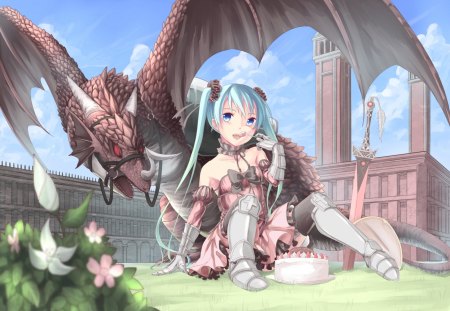 Let's me have some cake or else ... - sky, female, hot, wings, anime girl, blade, cloud, anime, dragon, food, miku, sword, cute, hatsune miku, sexy, girl, monster, twintails, blue eyes, long hair, hatsune, cake, vocaloids, eat, eating, vocaloid, creature, wing, weapon, green hair, dress