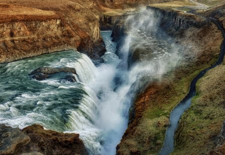 beautiful waterfall gorge - path, waterfall, mist, cliffs, gorge