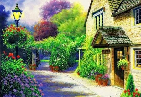 Pretty village - pretty, calm, quiet, alley, summer, cabin, spring, flowers, garden, nice, cottage, house, greenery, trees, beautiful, lovely, rustic, lantern, village, painting, serenity