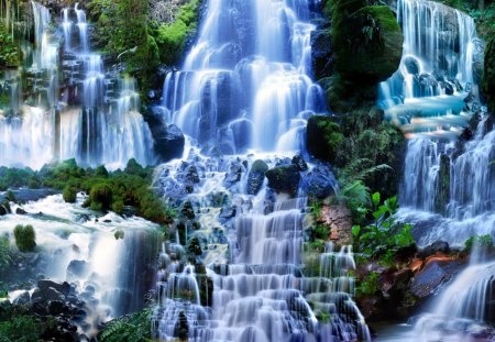 outstanding large cascading waterfall - cascading, waterfall, bushes, cliff