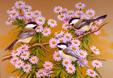 Birds on spring branches - pretty, fun, branches, blossoms, birds, beautiful, spring, lovely, joy, blooming, nature, painting, nice