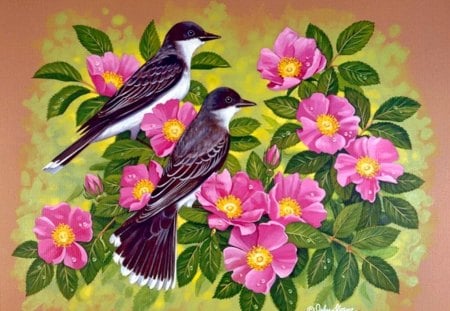 Birds on rose bush