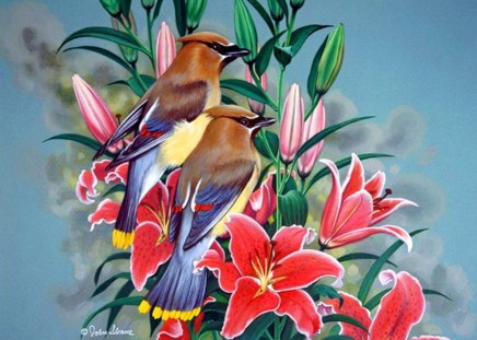 Colorful birds - pretty, branch, birds, summer, beautiful, spring, lovely, flowers, colorful, painting, nice