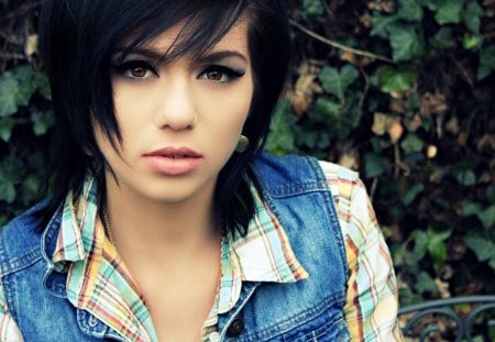 cute beauty - leaves, jacket, short hair, red lips