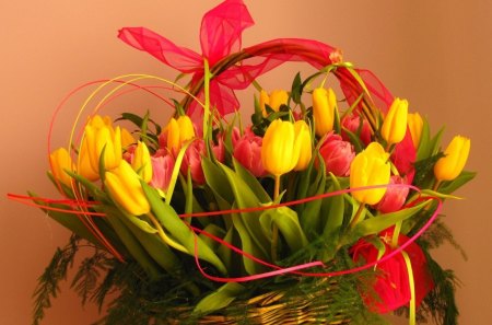 Basket of Tulips. - flowers, red, basket, yellow